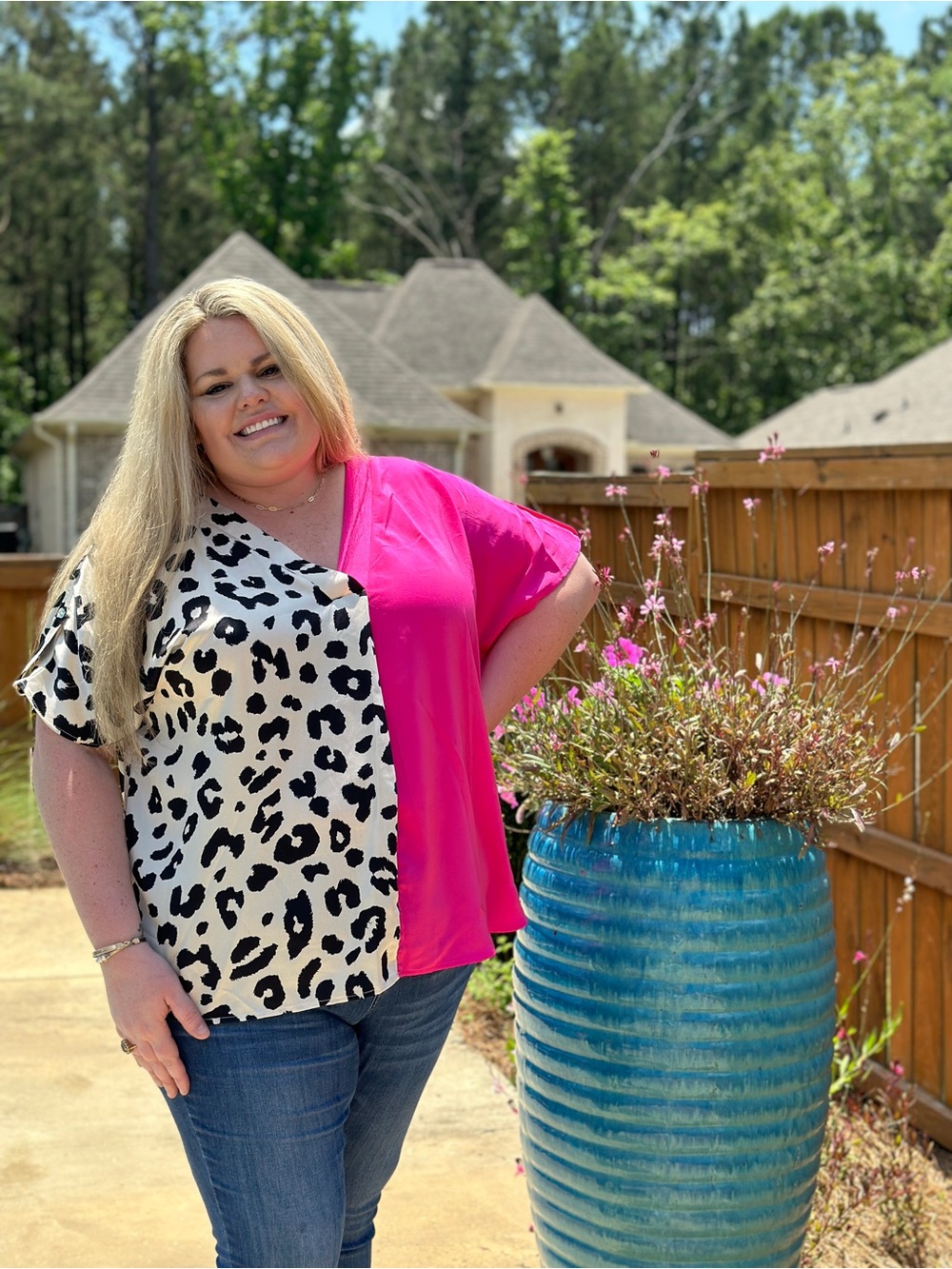 Plus-Size Two-Tone Leopard & Hot Pink V-Neck Blouse